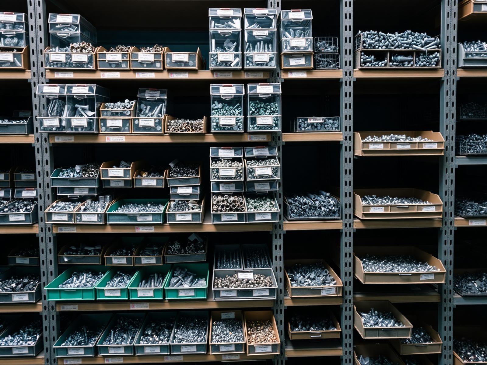 Organised warehouse bins of surplus fasteners